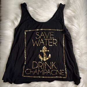 Popular Basics Crop Top Black Tank Top "Save Water, Drink Champagne" Size Small